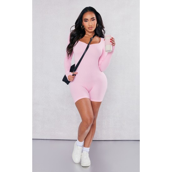 Shape Light Pink Snatched Ribbed Long Sleeve Unitard