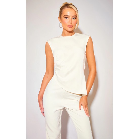 Cream Tailored Side Ruched Asymmetric Hem Longline Top