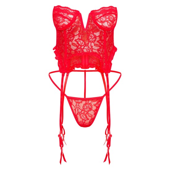 Red Lace Frill Underwired Corset Lingerie Set