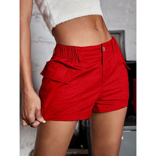 Spring & Summer Essential Women’s Shorts – Chic Button-Front with Flap Pockets, Relaxed Fit Elastic Waistband, Versatile Solid Cargo Style for Casual Wear – PRYCUS MITCHELL INC