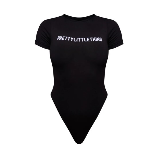 PRETTYLITTLETHING Black Logo Short Sleeved Bodysuit