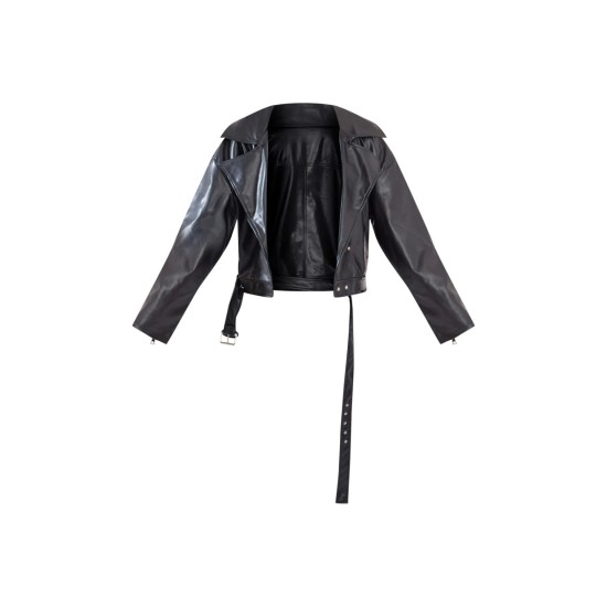 Black Faux Leather Relaxed Fit Belted Biker Jacket