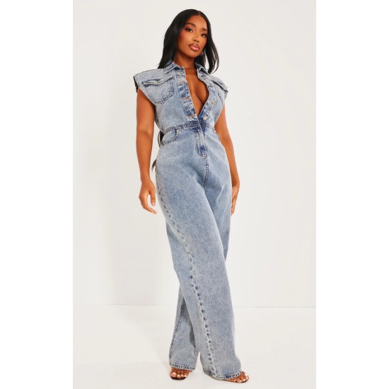 Shape Acid Blue Wash Sleeveless Rigid Denim Jumpsuit