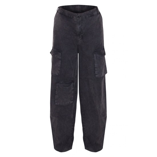 Washed Charcoal Twill Pocket Detail Wide Leg Cargo Pants