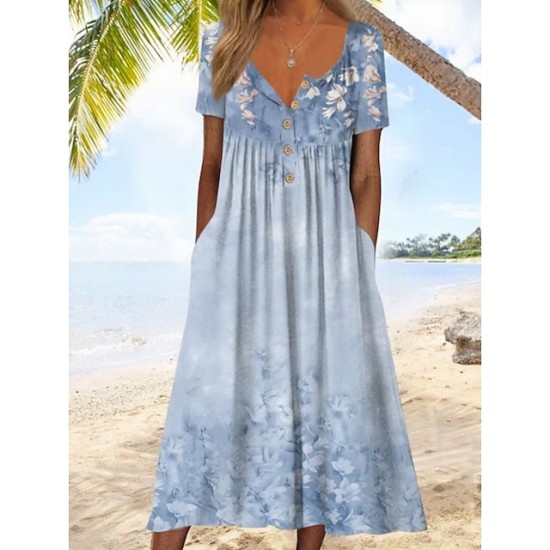 Casual Dress Midi Dress Blue Short Sleeve Print Ruched Spring Summer V Neck Vacation 2023 S M L XL XXL 3XL – PRYCUS MITCHELL INC