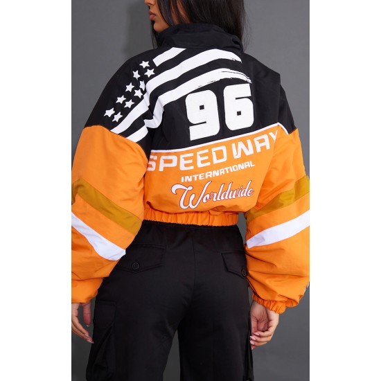 Orange Cropped Oversized Graphic Zipped Racer Bomber Jacket