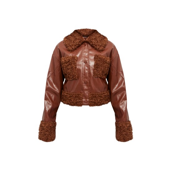 Chocolate Borg Pocket Front Faux Leather Cropped Coat