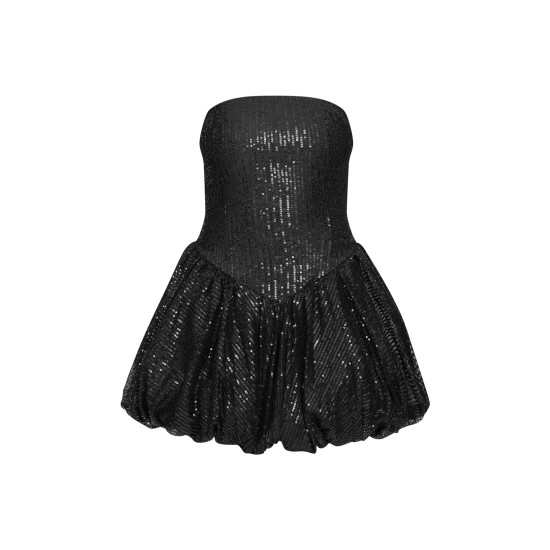 Black Sequin Bandeau Mini Puffball Dress