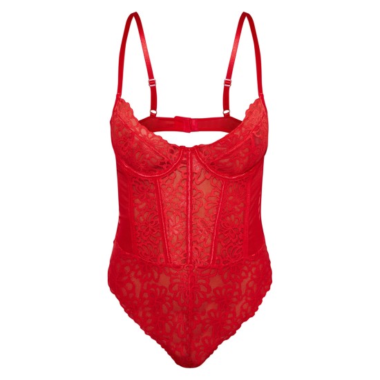 Red Floral Scalloped Edge Lace Cut Out Bodysuit