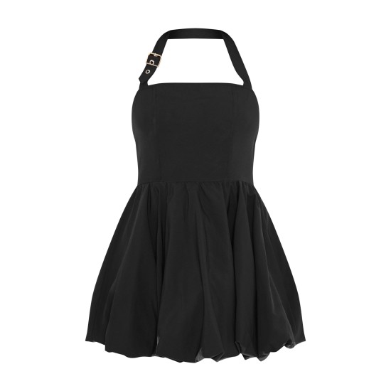 Black Buckle Detail Halterneck Puffball Mini Dress