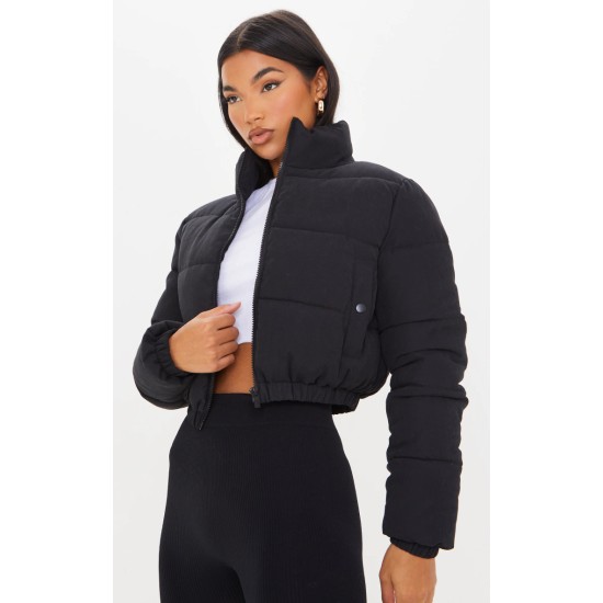 Black Cropped Peach Skin Bubble Puffer Jacket