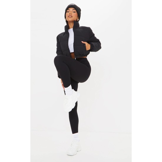 Black Cropped Peach Skin Bubble Puffer Jacket