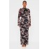 Brown Abstract Print Mesh Long Sleeve Maxi Dress