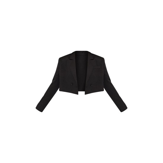 Black Woven Cropped Shoulder Padded Blazer