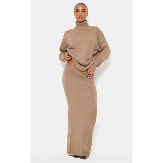 Light Mocha Soft Knit Roll Neck Oversized Sweater