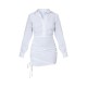 White Ruched Side Fitted Shirt Dress