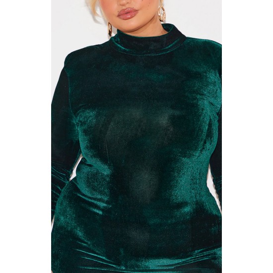 Plus Emerald Green Velour High Neck Long Sleeve Mini Dress