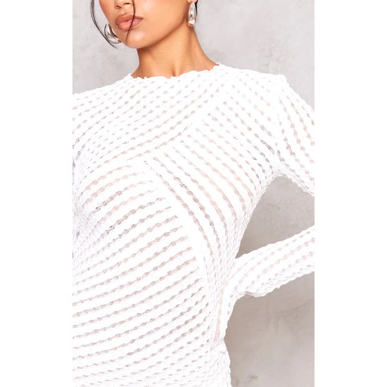 White Crinkle Texture Long Sleeve Bodycon Dress