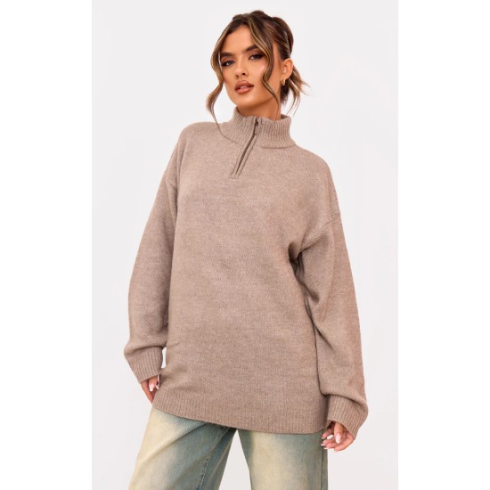 Taupe Knitted Slouchy Half Zip Sweater