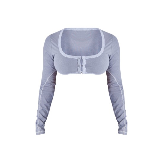 Shape Light Grey Washed Cotton Hook And Eye Long Sleeve Crop Top