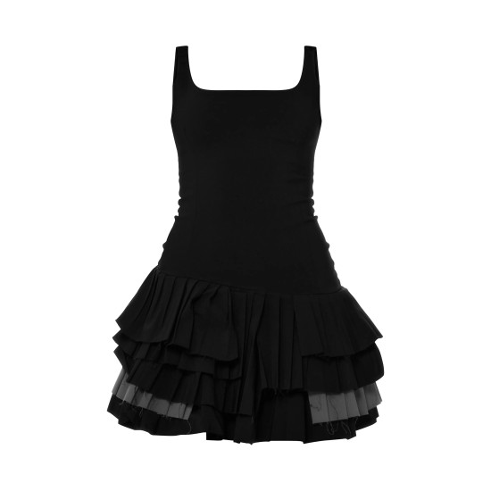 Black Stretch Woven Extreme Pleated Shift Dress