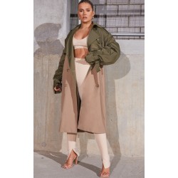 Khaki Contrast Oversized Belted Midi Trench Coat