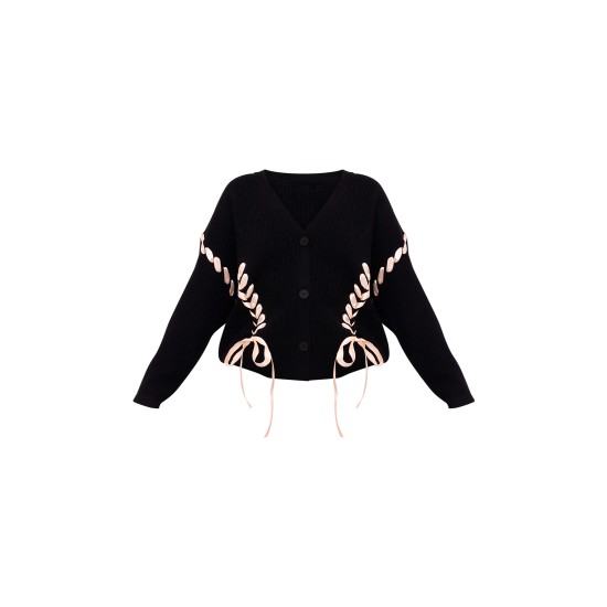 Black Chunky Knit Ribbon Detail Cardigan