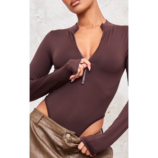 Coffee Contour Zip Up High Neck Bodysuit