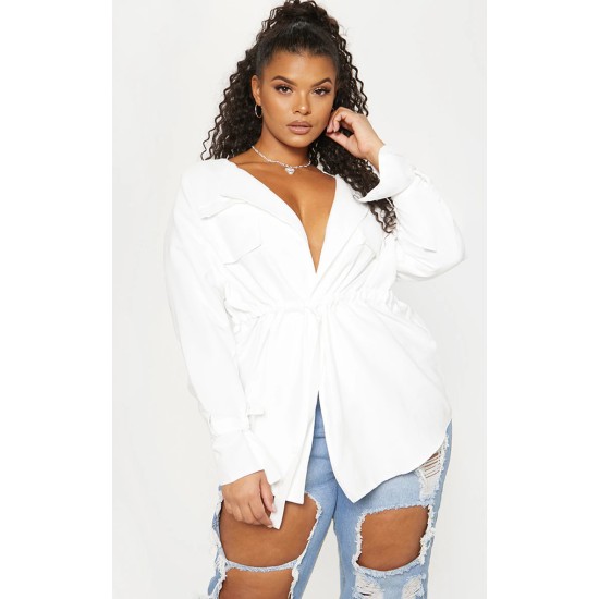 Plus White Faux Suede Cargo Ruched Waist Shirt