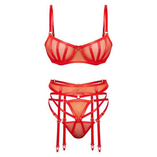 Red Underwired Binding Mesh 3 Piece Lingerie Set