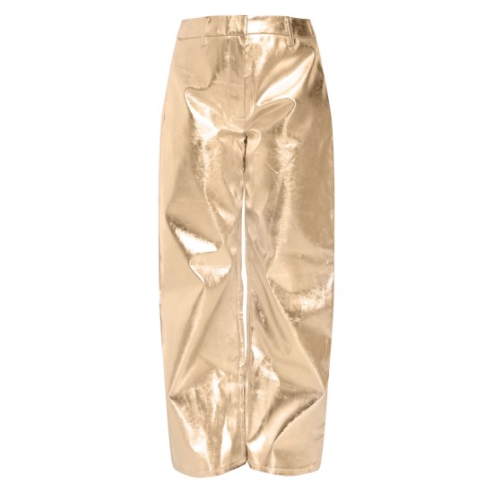 Gold Metallic Faux Leather Straight Leg Tailored Pants