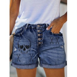 Plus Size Gothic Punk Denim Shorts – Skull Print High Stretch Fabric, Trendy Single-breasted Design with Ripped Roll Up Hem – Casual Wear for Edgy Fashion – PRYCUS MITCHELL INC