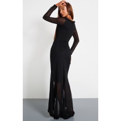 Black Mesh Long Sleeve Frill Detail Cut Out Maxi Dress