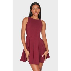 Wine Stretch Woven Racer Pleated Shift Dress