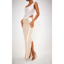 Champagne Stretch Satin Split Side Maxi Skirt